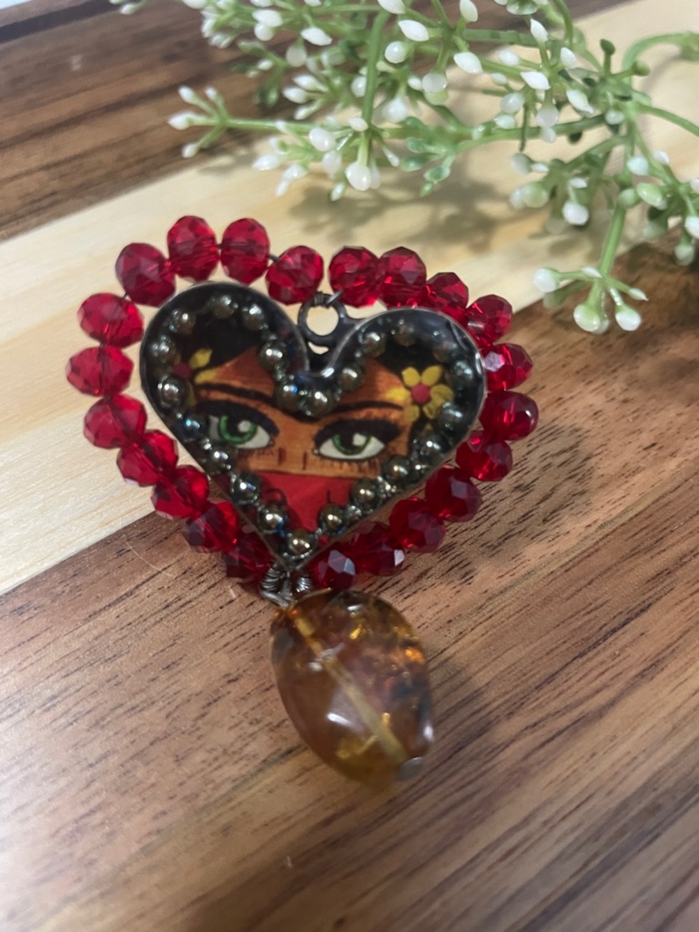 Heart Pendant Necklace with Red Beaded Frame and Amber Drop